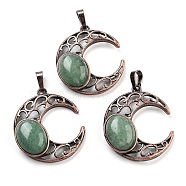 Natural Green Aventurine Pendants, with Red Copper Plated Brass Findings, Moon, 34x30x9~9.5mm, Hole: 5x8mm(G-L602-01R-19)