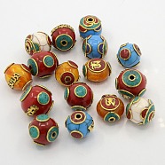 Mixed Handmade Tibetan Style Beads, Brass Findings with Beeswax, Synthetic Turquoise and Coral, Mixed Color, 16~20x17~21x17~21mm, Hole: 2~3mm(TIBEB-N001-28)