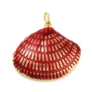 Real 18K Gold Plated Rack Plating Brass Enamel Pendants, with Jump Ring, Long-Lasting Plated, Lead Free & Cadmium Free, Shell Shape Charm, Red, 23x25x5.5mm, Hole: 3mm(KK-M293-32G-01)