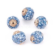 Polymer Clay Beads, with Dyed Shell, Acrylic Imitation Pearl and Alloy Findings, Oval, Golden, Light Sky Blue, 18~20x17~19mm, Hole: 2mm(CLAY-F003-F04A)
