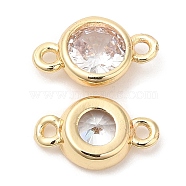 Eco-Friendly Rack Plating Brass Pave Clear Cubic Zirconia Connector Charms, Long-Lasting Plated, Lead Free & Cadmium Free, Flat Round, Real 14K Gold Plated, 6x10.5~11x3mm, Hole: 1.2mm(KK-A186-06LG)