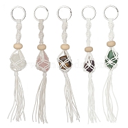 Waxed Cotton Cord Braided Macrame Pouch Gemstone Holder Keychain, with Wood Beads and 304 Stainless Steel Split Key Rings, 19~20cm(KEYC-JKC00537)