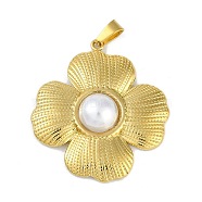 ABS Plastic Imitation Pearl Pendants, with Ion Plating(IP) 304 Stainless Steel Findings, Flower Charm, Golden, 33.5x30x7.5mm, Hole: 2.5x6mm(STAS-H224-03G)