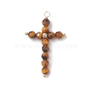 Natural Tiger Eye Faceted Round Copper Wire Wrapped Pendants, Cross Charms, Light Gold, 38x23x5mm, Hole: 2.5mm(PALLOY-JF02011-04)