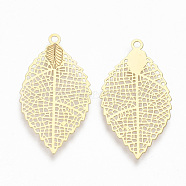 Brass Pendants, Filigree Findings, Leaf, Real 18K Gold Plated, 27x15x0.2mm, Hole: 1.2mm(KK-S348-286A)