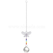 Metal Animal Hanging Ornaments, Teardrop & Rainbow Color Glass Suncatchers for Home Outdoor Decoration, Butterfly, 345x65mm(PW-WG55138-11)