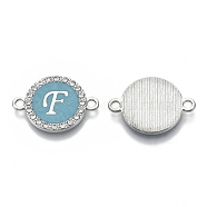 Alloy Enamel Links Connectors, with Crystal Rhinestones, Flat Round with Letter, Silver Color Plated, Letter.F, 22x16x2mm, Hole: 1.8mm(ENAM-TAC0003-01S-06F)