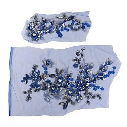 Polyester Embroidery Ornament Accessories, Sequin/Paillettes Applique Patch, Sewing Craft Decoration, with Rhinestone, Flower, Blue, 310~440x130~280x7~7.5mm, 2pcs/set(PATC-WH0001-90A)