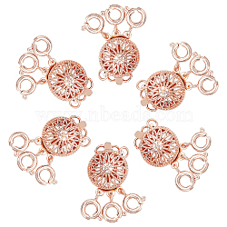 3-Strand 6-Hole Brass Box Clasps, Multi-Strand Clasps, with Spring Ring Clasps, Flat Round, Rose Gold, 24x11x5.5mm, 6 sets/box(FIND-SC0003-31RG)