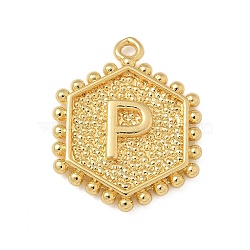 Brass Pendants, Hexagon Letter Charms, Letter P, 20x16x2.5mm, Hole: 1.5mm(KK-B126-01G-P)