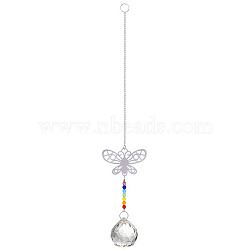 Metal Animal Hanging Ornaments, Teardrop & Rainbow Color Glass Suncatchers for Home Outdoor Decoration, Butterfly, 345x65mm(PW-WG55138-11)