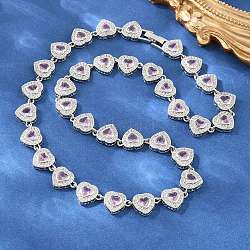 Brass Pave Pink Cubic Zirconia Heart Tennis Necklaces, Cadmium Free & Lead Free, Rack Plating, Long-Lasting Plated, Platinum, 17.72 inch(45cm)(KK-CBA4547-17B-P)
