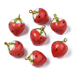 Handmade Porcelain Pendants, with Golden Plated Brass Findings, Famille Rose Style, 3D Strawberry, Red, 18~20x13.5~15mm, Hole: 1.6mm(PORC-N004-152B-05)