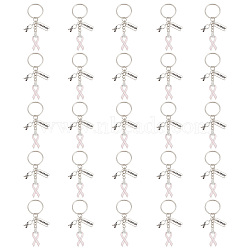 Pink Breast Cancer Awareness Ribbon Alloy Enamel Pendant Keychain, Alloy Rectangle with Word Warrior with Iron Keychain Ring, Pink, 7.7cm, 25pcs/set(KEYC-AB00001)