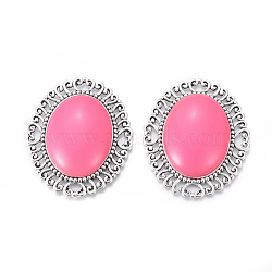 Resin Cabochons, with Tibetan Style Antique Silver Plated Alloy Findings, Oval, Hot Pink, 56x47x10mm(TIBE-F018-01AS-A)