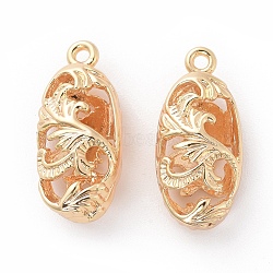 Brass Pendants, Hollow, Oval with Flower, Real 18K Gold Plated, 20x9x7mm, Hole: 1.5mm(X-KK-S350-159G)