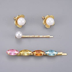 (Jewelry Parties Factory Sale), Iron Hair Clip and Stud Earrings Jewelry Sets, with Shell Beads, Acrylic Imitation Pearl, Glass Beads and Alloy Findings, Golden, 55x10mm, 20mm, Pin: 0.6mm(SJEW-E331-03)