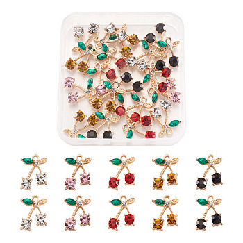Alloy Rhinestone Pendants, Cherry, Golden, Mixed Color, 20x15x4.5mm, Hole: 2mm, 5 colors, 4pcs/color, 20pcs/box