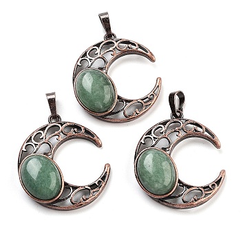 Natural Green Aventurine Pendants, with Red Copper Plated Brass Findings, Moon, 34x30x9~9.5mm, Hole: 5x8mm