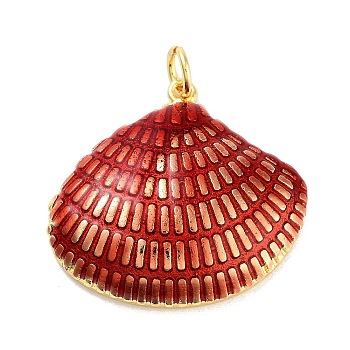 Real 18K Gold Plated Rack Plating Brass Enamel Pendants, with Jump Ring, Long-Lasting Plated, Lead Free & Cadmium Free, Shell Shape Charm, Red, 23x25x5.5mm, Hole: 3mm