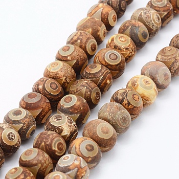 Tibetan Style 3-Eye dZi Beads Strands, Natural Agate Beads, Dyed, Rondelle, 15~16x10~11mm, Hole: 1mm, about 32pcs/strand, 14.17 inch(36cm)