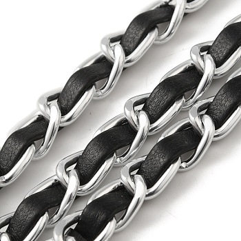 Oxidation Aluminum Rope Chains, with PU Imitation Leather, Unwelded, Black, 7x3.5mm, about 50Yards/Bundle