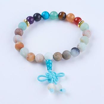 Chakra Jewelry, Natural Gemstone and Flower Amazonite Stretch Mala Bead Bracelets, with Rubber and Alloy Findings, Golden, 2 inch(50mm)