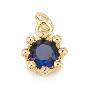 Brass Inlaid Clear Cubic Zirconia Charms, Real 18K Gold Plated, Lead Free & Cadmium Free, Crown, Medium Blue, 11.5x9.5x6mm, Hole: 3mm