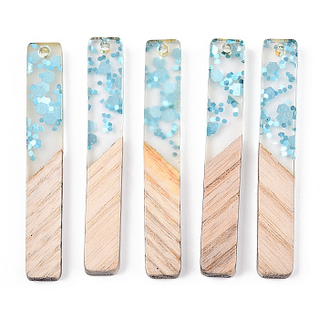 Transparent Resin & White Wood Big Pendants, Rectangle Charms with Paillettes, Light Sky Blue, 51.5x7.5x3mm, Hole: 1.8mm