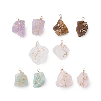 Raw Rough Gemstone Copper Wire Wrapped Pendants, Nuggets Charms, Light Gold, 21~23x12.5~23x9~17mm, Hole: 2mm