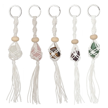 Waxed Cotton Cord Braided Macrame Pouch Gemstone Holder Keychain, with Wood Beads and 304 Stainless Steel Split Key Rings, 19~20cm