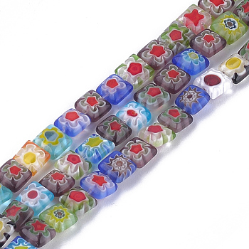 Millefiori Lampwork Beads Strands, Square, Colorful, 6x6x3~3.5mm, Hole: 1mm, about 65pcs/strand, 14.7 inch