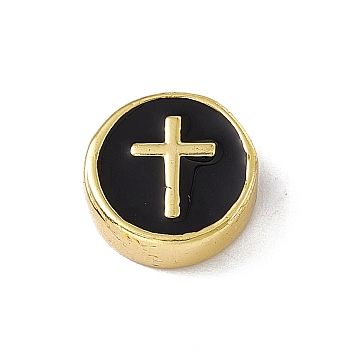 Real 18K Gold Plated Brass Enamel Beads, Long-Lasting Plated, Cadmium Free & Lead Free, Flat Round with Cross, Black, 11x4.5mm, Hole: 1.8mm