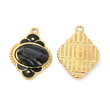 Enamel Pendants, with 304 Stainless Steel Finding and Acrylic Cabochon, Real 18K Gold Plated, Rhombus Charm, Black, 24.5x18.5x5.5mm, Hole: 1.5mm