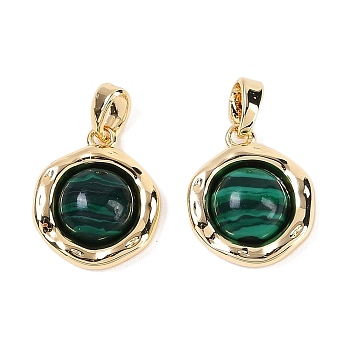 Brass Pave Synthetic Malachite Flat Round Charms, Real 18K Gold Plated, 15x13x5mm, Hole: 4x2.5mm