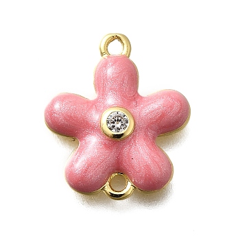 Brass Clear Cubic Zirconia Flower Connector Charms, Enamel Style, Real 18K Gold Plated, Rack Plating, Cadmium Free & Lead Free, Long-Lasting Plated, Hot Pink, 15.5x13x3mm, Hole: 1.2mm