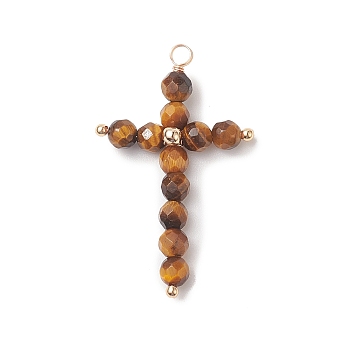 Natural Tiger Eye Faceted Round Copper Wire Wrapped Pendants, Cross Charms, Light Gold, 38x23x5mm, Hole: 2.5mm