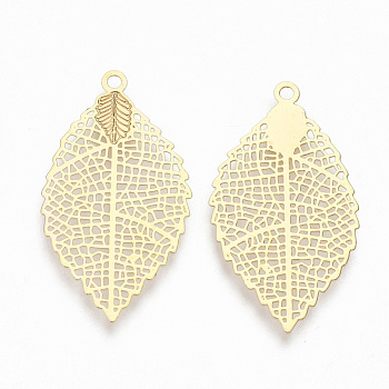 Brass Pendants, Filigree Findings, Leaf, Real 18K Gold Plated, 27x15x0.2mm, Hole: 1.2mm