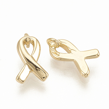 Brass Charms, Awareness Ribbon, Nickel Free, Real 18K Gold Plated, 9x5x1mm, Hole: 1mm