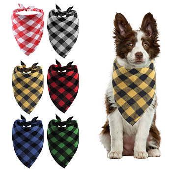 6Pcs 6 Colors Tartan Pattern Polyester Dog Bandanas, Triangle, Mixed Color, 366x655x1mm, 1pc/color