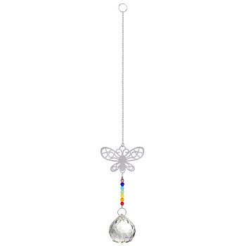 Metal Animal Hanging Ornaments, Teardrop & Rainbow Color Glass Suncatchers for Home Outdoor Decoration, Butterfly, 345x65mm