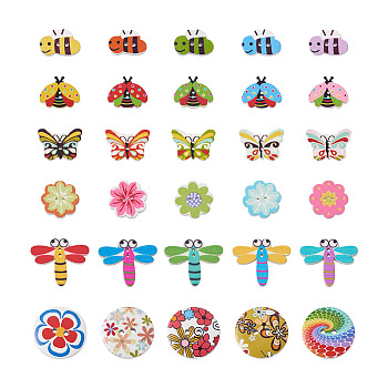 Pet 300Pcs 6 Style Painted Poplar Wood Buttons, 2-Hole, Mixed Color, 13~25x19.5~29.5x2.5~4.5mm, 50pcs/style