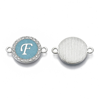 Alloy Enamel Links Connectors, with Crystal Rhinestones, Flat Round with Letter, Silver Color Plated, Letter.F, 22x16x2mm, Hole: 1.8mm