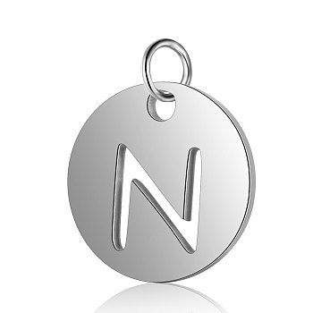 304 Stainless Steel Charms, Flat Round with Letter, Stainless Steel Color, Letter.N, 11.5x1mm, Hole: 3.5mm