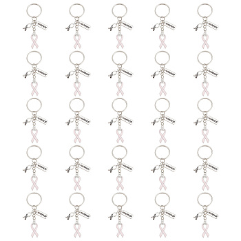Pink Breast Cancer Awareness Ribbon Alloy Enamel Pendant Keychain, Alloy Rectangle with Word Warrior with Iron Keychain Ring, Pink, 7.7cm, 25pcs/set