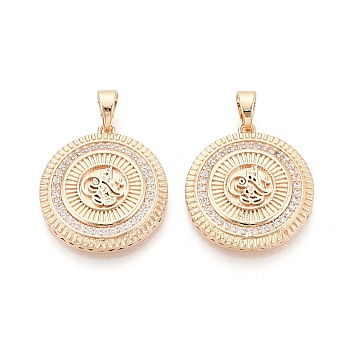 Brass Pave Clear Cubic Zirconia Pendants, Flat Round Charms, Real 18K Gold Plated, 26x23x4mm, Hole: 6x4mm