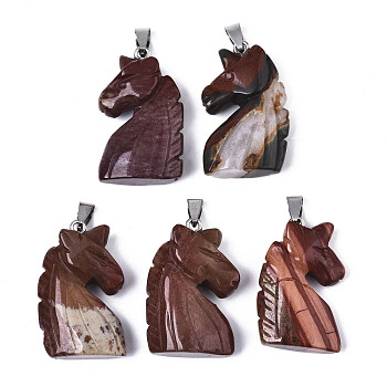 Carved Natural Red Jasper Pendants, with Stainless Steel Bails, Unicorn, Stainless Steel Color, 38~41x11~14x24~25mm, Hole: 9x4mm