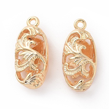 Brass Pendants, Hollow, Oval with Flower, Real 18K Gold Plated, 20x9x7mm, Hole: 1.5mm