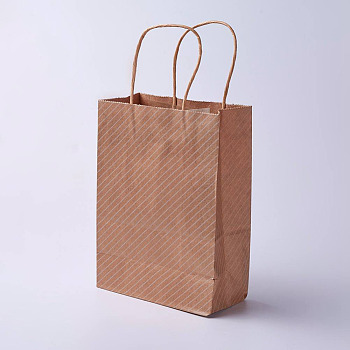kraft Paper Bags, with Handles, Gift Bags, Shopping Bags, Brown Paper Bag, Rectangle, Diagonal Stripe Pattern, Camel, 27x21x10cm