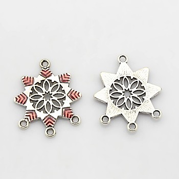 Antique Silver Tone Alloy Enamel Chandelier Components, Flower, Indian Red, 31x26x2mm, Hole: 2mm